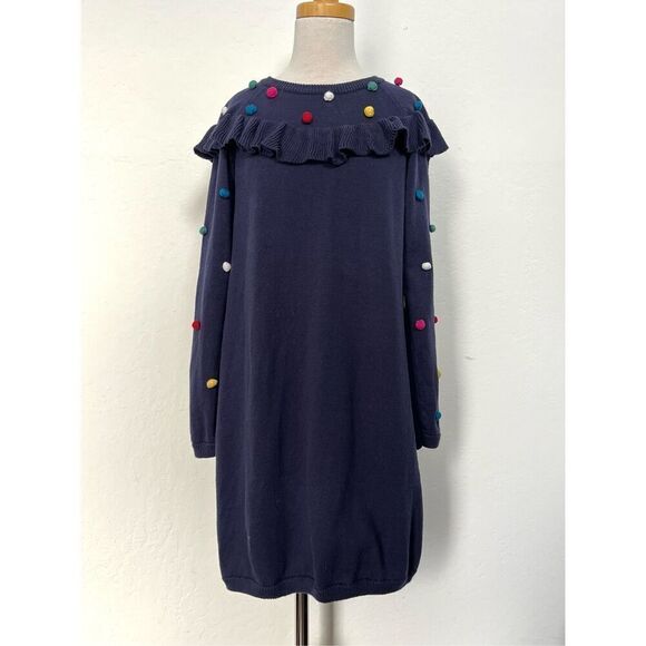 Hanna Andersson Girls 8 (130) Navy Multicolored Pom Pom Cotton Sweater Dress - Picture 2 of 8